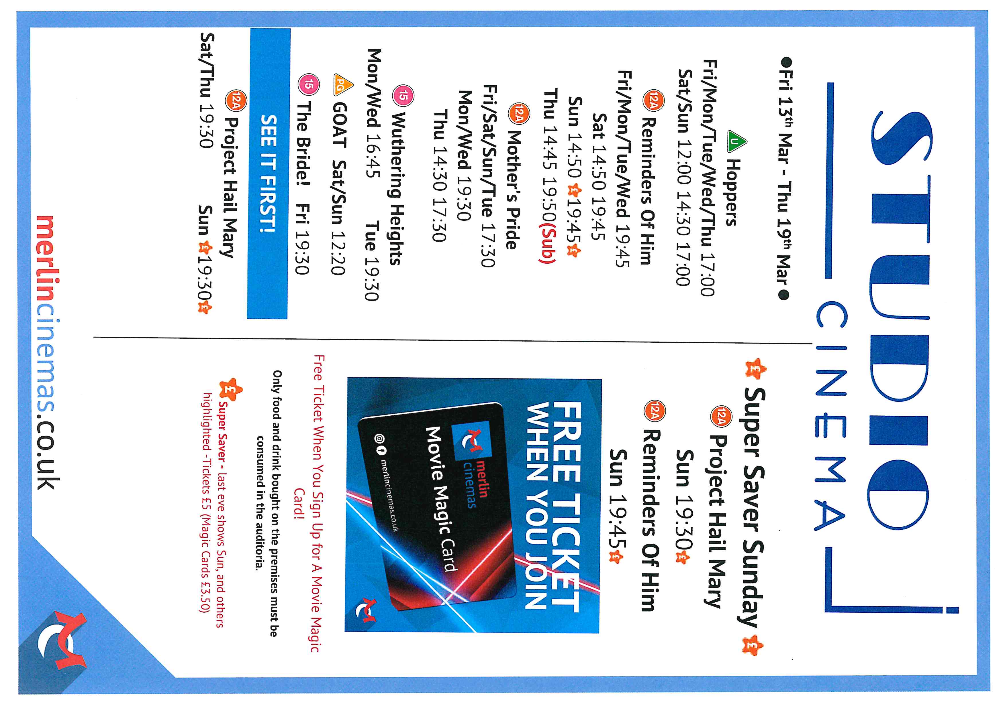 Studio Cinema Listings Fri 13th March - Thurs 19th March